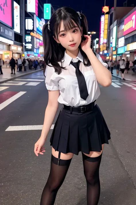 high angle shot、center view、a woman standing on a neon street at midnight、phenomenally cute 、japanese girl uniform、summer clothe...