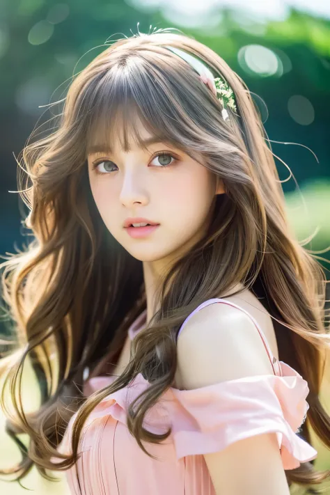 _model shooting style,wavy long hair, brown hair, 1 girl, emerald eyes, pink lips, Pastel green dress,(Focus on Banchang: 0.8), Zoom lens shots, by Studio Ghibli, (((masterpiece))), (((highest quality))), (Highly detailed CG Unity 8K wallpaper)