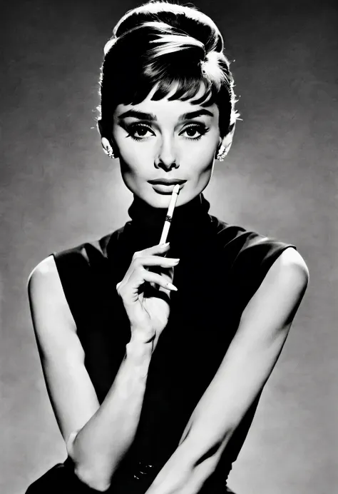 Ink art style, (Audrey Hepburn elegantly holding a cigarette in one hand), dramatic contrast, Hair texture clear and shiny, Emphasis on the depiction of exceptionally beautiful and bright eyes, smooth skin, portrait, Beautiful detailed, Super intricate and...