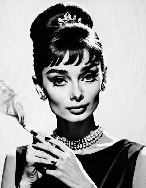 ink art style, (audrey hepburn elegantly holding a cigarette in one hand), dramatic contrast, hair texture clear and shiny, emph...