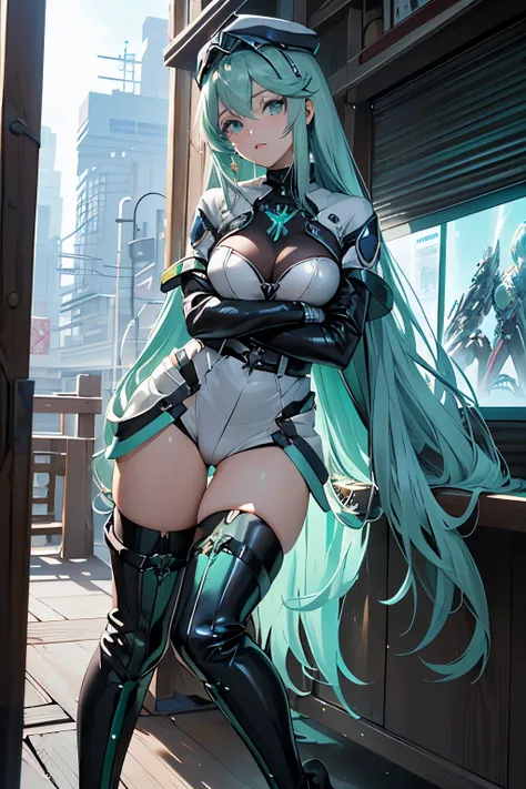 anime, girl, (((1girl))), (((waifu, xenoblade chronicles 2, pneuma waifu))), techwear, (((seafoam green hair, long hair))), ((se...