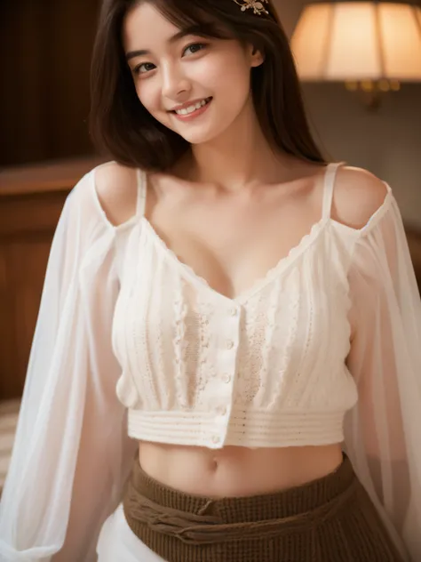 Beautiful 20 year old woman。she is wearing a satin camisole。Lace on the chest and hem.。she looks ecstatic 。she is smiling and winking. her dark brown hair、High resolution、masterpiece、highest quality、Head w:1.0、((Hasselblad Photos))、fine skin、fine knit、(mov...