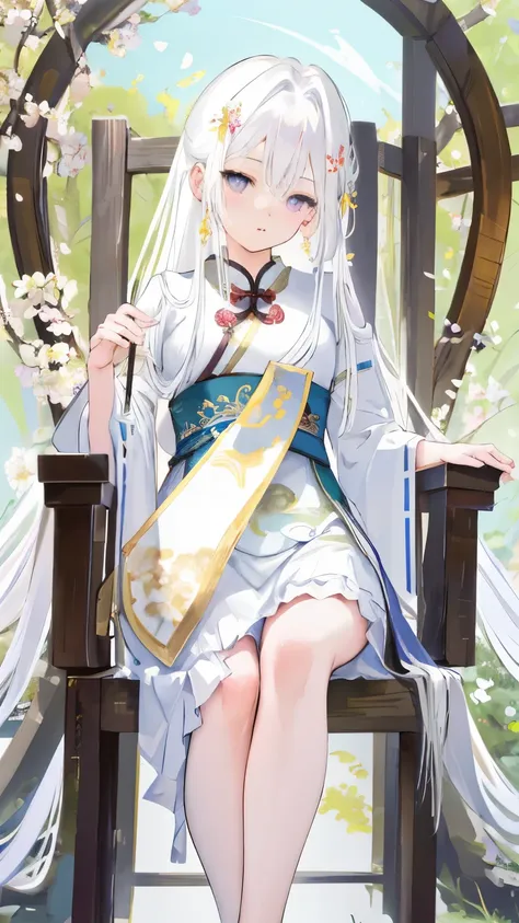 a beautiful anime girl sitting on a chair, holding a fan, with long white hair flowing. the girl has captivating anime-style eye...