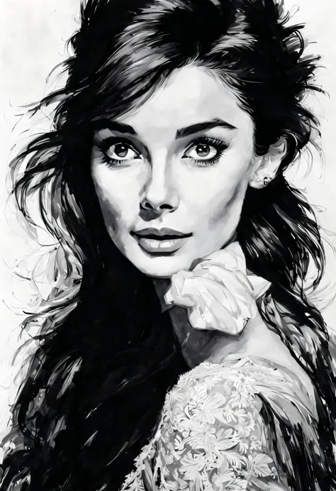 ink art style, (audrey hepburn elegantly puts her hands on her chest), (wear high-end lace evening gown gloves), white backgroun...