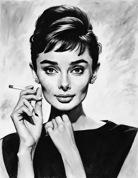 ink art style, (audrey hepburn elegantly holding a cigarette in one hand), dramatic contrast, hair texture clear and shiny, emph...