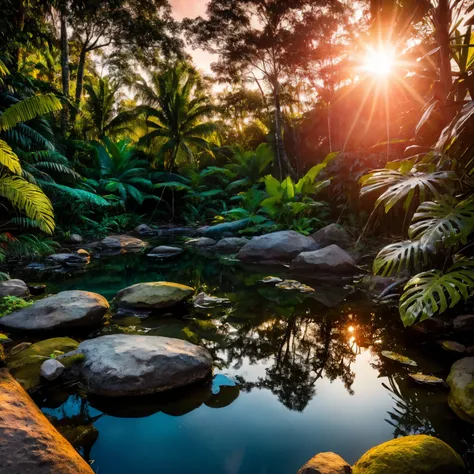 tropical forest, sunset, peaceful atmosphere, vibrant, colorful