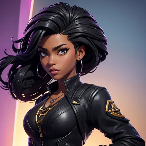 make a fortnite skin, she is a very intelligent black woman, cabelo blackpower, seu traje deve ser sombrio e aventureiro