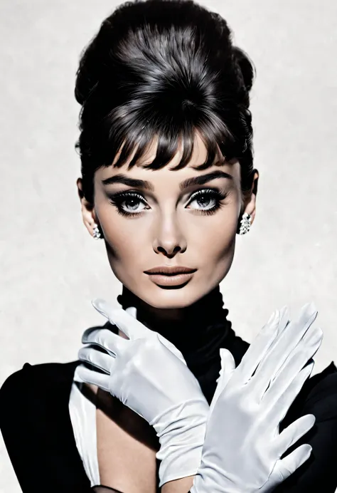 ink art style， (audrey hepburn wearing white gloves clasping her hands）, dramatic contrast，hair texture clear and shiny，focus on...