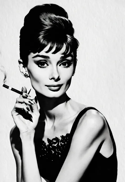 ink art style, (audrey hepburn elegantly holding a cigarette in one hand), dramatic contrast, hair texture clear and shiny, emph...