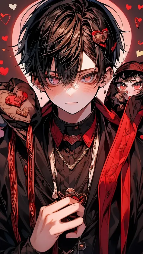 ((2 boys)), perfect face, beautiful face, highly detailed face，(brown-haired boy and black-haired boy:1.3)，(red eyes:1.3)，chocolate，Valentine，ribbon，heart，Light，smile，long eyelashes，頬にheartマーク，溶けたchocolate，Covered in chocolate