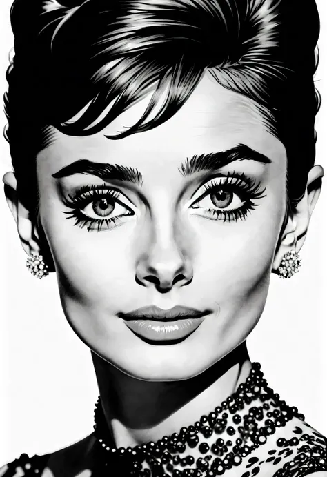 audrey hepburn, ink style, line art, print novel, black and white, white background, colorless, hd, crazy details and complexity...