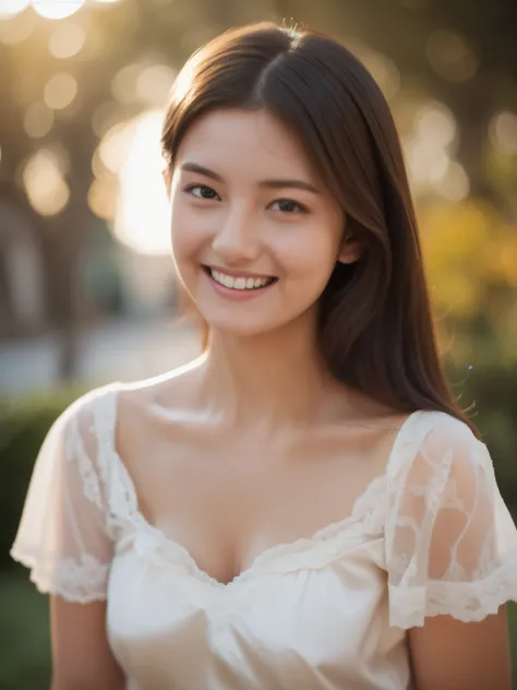 Beautiful 20 year old woman。she is wearing a satin camisole。Lace on the chest and hem.。she looks ecstatic 。she is smiling and winking. her dark brown hair、High resolution、masterpiece、highest quality、Head w:1.0、((Hasselblad Photos))、fine skin、fine knit、(mov...