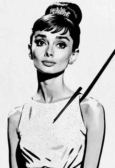 audrey hepburn, ink style, line art, print novel, black and white, white background, colorless, hd, crazy details and complexity...