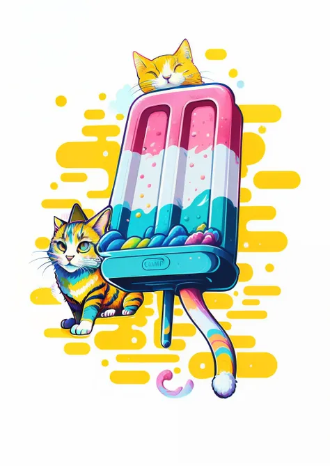 illustration of a popsicle with a cat , colorful illustration, colorful digital illustration, funny illustration, colorful illustration, hand painted cartoon art style, mascot illustration, in digital illustration style, made of cotton candy, em estilo gra...