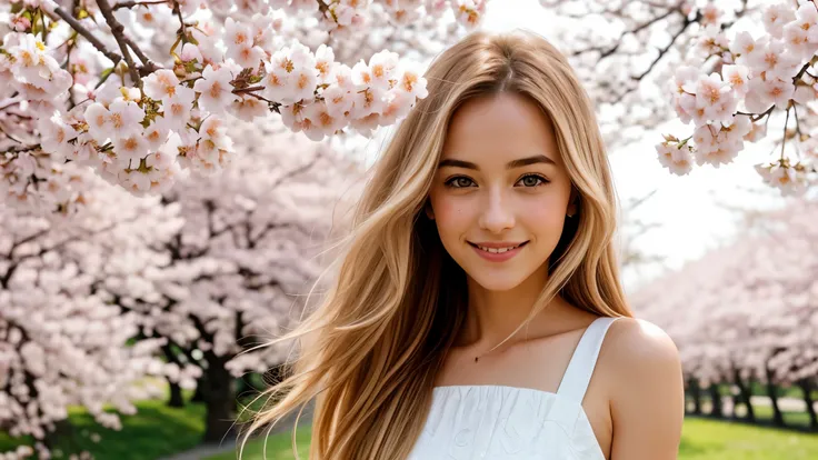 Instagram pictures, a French Girl, Shoulder length hair, with light blonde hair, Close-up photo, Walking in a public garden with cherry blossom, Japan, smiling a little,