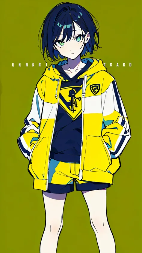 (masterpiece, highest quality:1.6), alone, thick outline, (simple background, Dark yellow background, monochrome, dark yellow theme:1.2), official art, Key Visual, 8K, disorganized, whole body, (Unique hair, Oversized Hoodies, hot pants, arch back, short t...