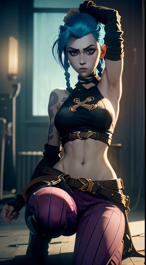 jinx's character design, dynamic movements, lying naked on her back, bare breast, hands over head, swollen , butt, kitty, sexypo...