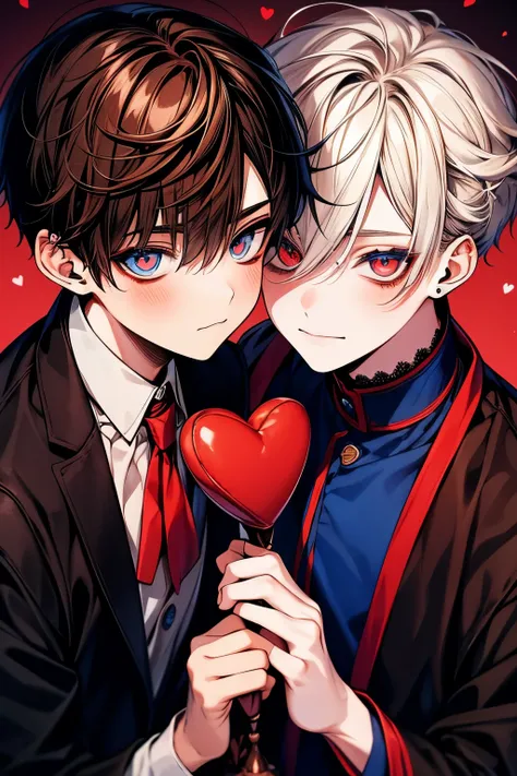 (muste piece), (best quality), very detailed, ((two boys)), perfect face, beautiful face, very detailed顔，(brown haired boy_red eyes:1.3)，(White-haired boy_blue eyes:1.3)，chocolate，Valentine，ribbon，heart，Light，smile，long eyelashes，頬にheartマーク，溶けたchocolate，Co...