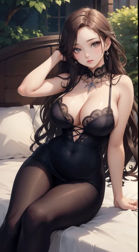 (masterpiece:1.2), (highest quality:1.2),, Curvy but slender body, perfect eyes, perfect face, perfect lighting, 1 girl, on the bed, long hair, curly hair, fine clothes, Detailed outdoor background, compensate, eye shadow, thick eyelashes, fantasy, looking...