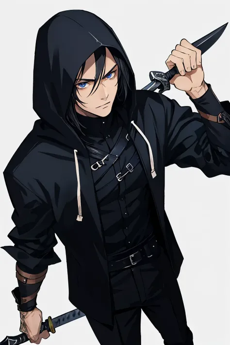 (extremely detailed 8k wallpaper), a full body shot photo of a fearful young rogue, male, male focus, black hair, blue eyes, black clothing, hooded, medieval, intricate, high detail, with a shadow blade dagger in his hand