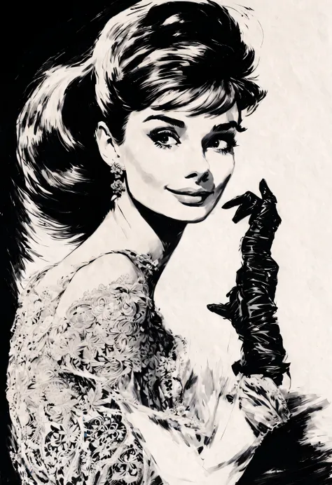 ink art style, (audrey hepburn elegantly puts her hands on her chest), (wear high-end lace evening gown gloves), white backgroun...