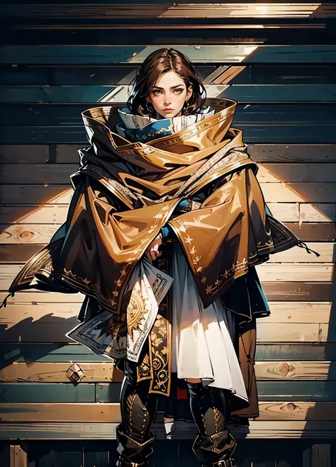 A woman with short reddish-brown hair, a determined gaze, her upper body is enveloped in a heavy cloak with leather accents, the cloak covers the lower half of her face, a tight-fitting long leather trench coat with ethnic-style details at the hem undernea...