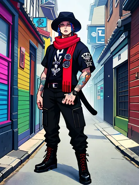 picture of a male boy in a hat and scarf, art station trend, dressed in punk clothes, hyper realistic detailed rendering, british gang member, urban style, intimidating pose, planet of cats, fashion clothes, urban samurai, meow, west slavic traits, 8 1 5