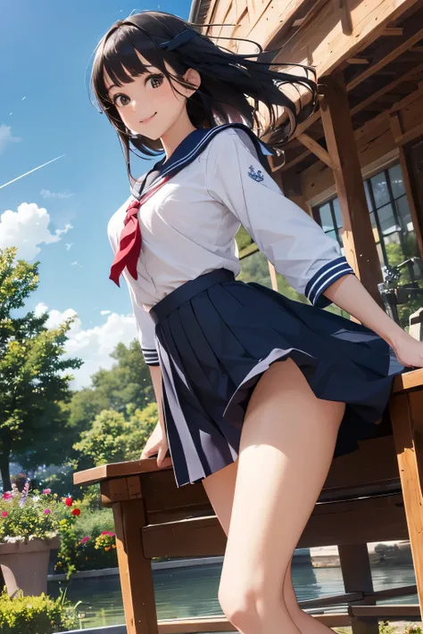 very cute and beautiful school girl,teen,(highly detailed beautiful face),
(smile),happy,looking at viewer,black hair,(sailor school uniform),(pleated navy blue itting on wooden bench in elegant gazebo,flower garden,water fountain,forest,
(best quality,mas...