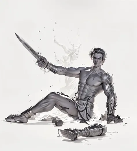 a drawing of a person sitting on the ground holding a sword, dramatic wielding sword pose, villain pose, badass pose, fight pose, fighting pose on floor, while holding a sword,  holds a sword, pose study, scary pose, threatening pose, with large sword, dra...