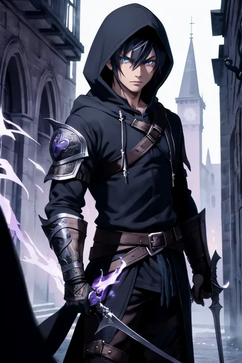 (extremely detailed 8k wallpaper), a full body shot photo of a fearful young rogue, male, male focus, black hair, blue eyes, black clothing, hooded, medieval, intricate, high detail, with a shadow blade in his hand with purple fire