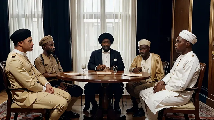 British Colonials in a round table discussion with Hausa chiefs in turban, White men in suit and British royal guard dressing, interracial meeting, Nigeria, High detail, golden hour, realistic, cinematic, silhouette 