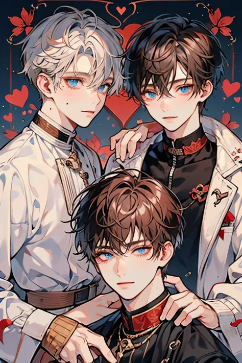 (muste piece), (best quality), very detailed, ((two boys)), perfect face, beautiful face, very detailed顔，(brown haired boy_red eyes:1.3)，(White-haired boy_blue eyes:1.3)，milk chocolate，White chocolate，Valentine，ribbon，race，frills，heart，Light，smile，long eye...