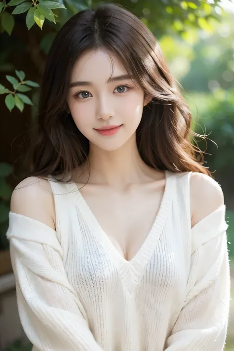 A pure and sweet Korean girl, her skin is flawless and white, her eyes are captivating and deep, her face is exquisitely beautiful. Her lips curve into a charming smile, revealing a delightful grin. Her brown hair is naturally curly and soft, cascading ove...