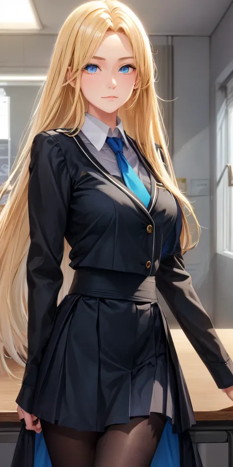 Teenage girl, 22 years old, school uniform similar to a black suit with yellowish edges, black skirt, fair skin, large breasts, thin, blue eye irises, long blonde hair, shy and friendly facial expression, native to Sweden, face and hair similar to the char...