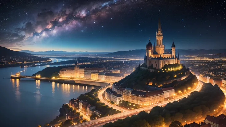 landscape, panorama view, beautiful European city. starry sky, nature