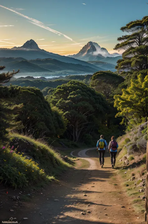 (Maximum quality image, obra de arte), paisagem detalhada, three hikers walking along a trail in the state of Paraná, among araucaria (with a vibrant sky at dawn and mountains in the background), nuances de cores predominantes amarela e preta