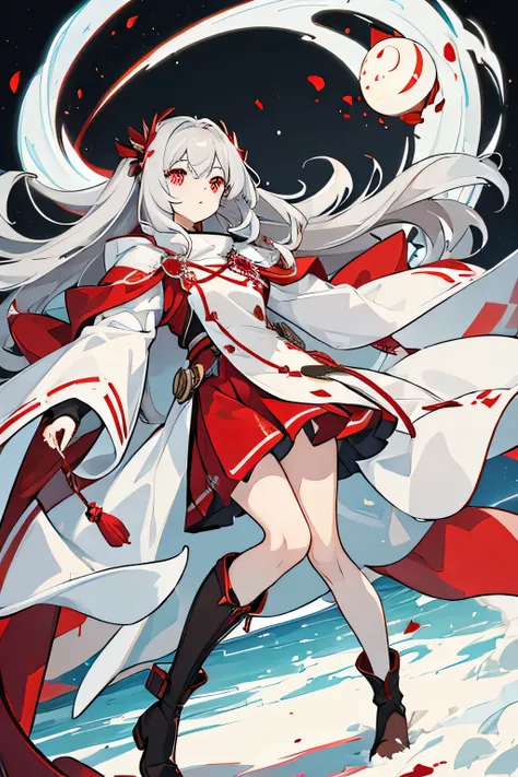 Girl with long silver hair，Eyes as scarlet as blood，Oval face。Wearing a light gray cloak，Lined white jacket，Paired with a brown skirt，On her feet are a pair of brown over-the-knee boots
