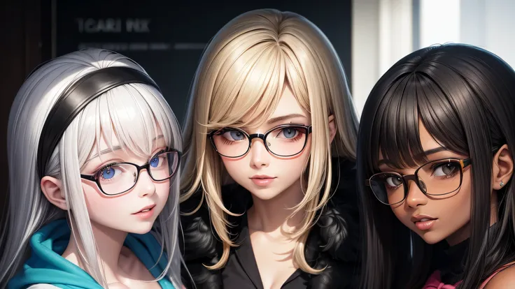 three women one blonde, brunette and black with glasses