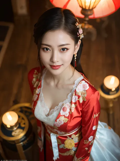 spring festival,1 girl,alone,decorationsผม,set,black hair,black eyes,chinese clothes,from above,lamp,decorations,red set,look at...