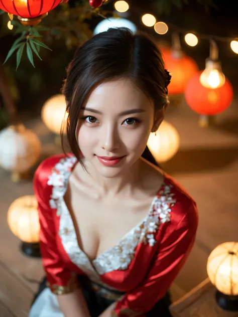 Spring Festival,1 girl,alone,decorationsผม,set,black hair,black eyes,chinese clothes,from above,lamp,decorations,red set,look at viewer,smile,realistic,hazy,
1 girl,best quality,Masterpiece,illustration,Delicate and extremely beautiful,CG,unity,8K wallpape...