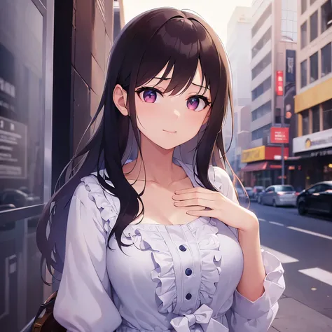 (looking away:1.5), dutch angle, (Placing hand on chest:1.2), real person, RAW photo, photorealistic, portrait photography, shiny skin, japanese idol、A 25-year-old woman with bright chestnut bangs.、long wavy hair, pink eyes, (wearing a white frilly blouse:...