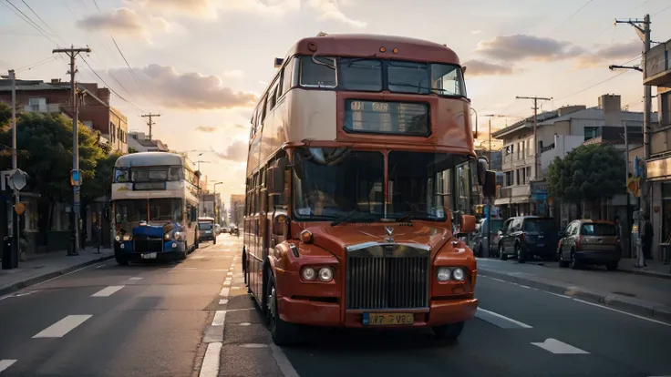 rolls-royce bus, eastern city streets, sunset, peaceful atmosphere, vibrant, colorful