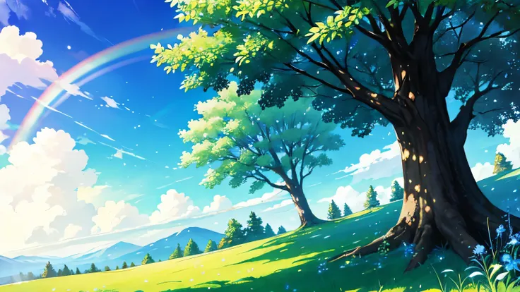 Blue sky and green tree with shining sun and rainbow々A beautiful fantasy landscape lined with