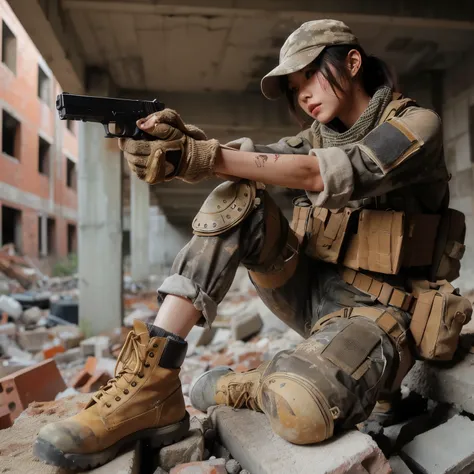 photorealistic、Realistic skin textures、A beautiful Japanese woman belonging to the American military is standing、aiming with a gun、standing position、standing on rubble、Action poses with movement、Image from below、Dirty boots