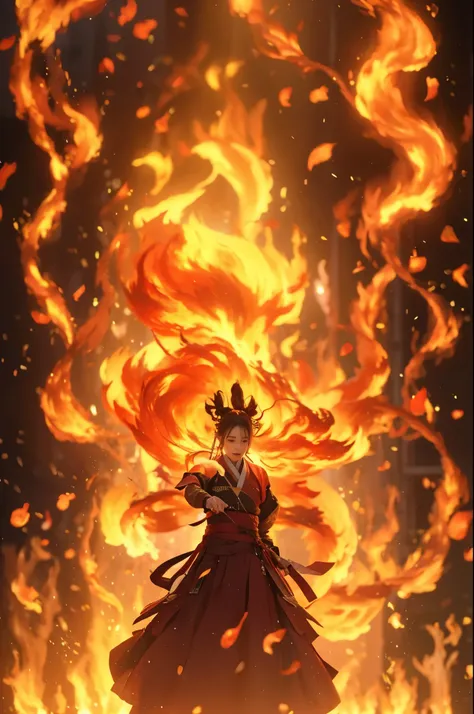 1girl，dynamic poses，fire焰女王，Hanfu，（Burning hair：1.5），（大量的fire焰：1.5），（手持fire焰长剑：1.5），（Slashing action：1.3），（蓝色的fire焰：1.5），（向上飘动的fire焰头发：1.5），fire，星fire，fire焰能量流动，双手掌心上漂浮的fire球，burning forest，fire焰魔法，The magic array under your feet，lifelike，Realistic，Ultra h...