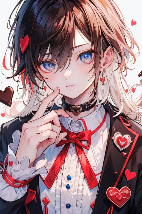 (muste piece), (best quality), very detailed, two boys, perfect face, beautiful face, very detailed顔，(brown haired boy_red eyes:1.3)，(White-haired boy_blue eyes:1.3)，milk chocolate，White chocolate，Valentine，ribbon，race，frills，heart，Light，smile，long eyelash...