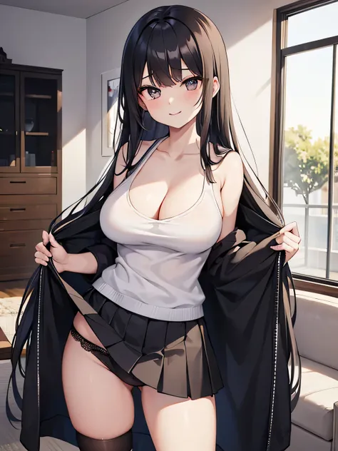 (1) A woman stands with her skirt rolled up. her black lace panties are visible.
(2) She is wearing a sexy white V-neck knit that shows her cleavage and a black knee-length skirt.。.
(3) her hair is long black.
(4) The facial expression is a bewitching and ...