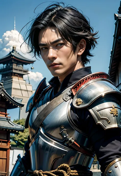 (highest quality, Japan:1.2), (1 male ),general, muscular,black hair:1.3),sharp eyes,Has a long spear,best details,Wearing Japan armor, There is an old Japanese townscape,戦国general,