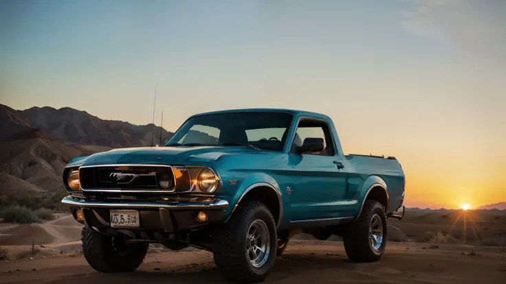 ford mustang pick up truck, desert, sunset, peaceful atmosphere, vibrant, colorful