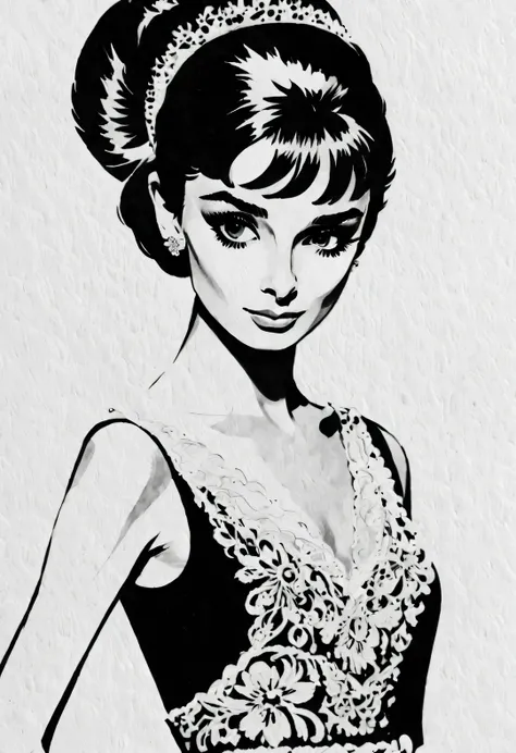 pen and ink art style, ink painting艺术风格, Beautiful detailed, ink painting, line art, black and white, White background, have no color, HD, Crazy details, Super please, elegant, Gorgeous, Surrealism, super detailed,
(Audrey Hepburn elegantly looks at the ca...